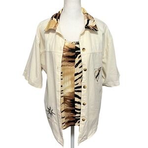Vtg Coastal Grandma XL 2-Piece‎ Top & Cotton Set Animal Print Cream Neutral USA